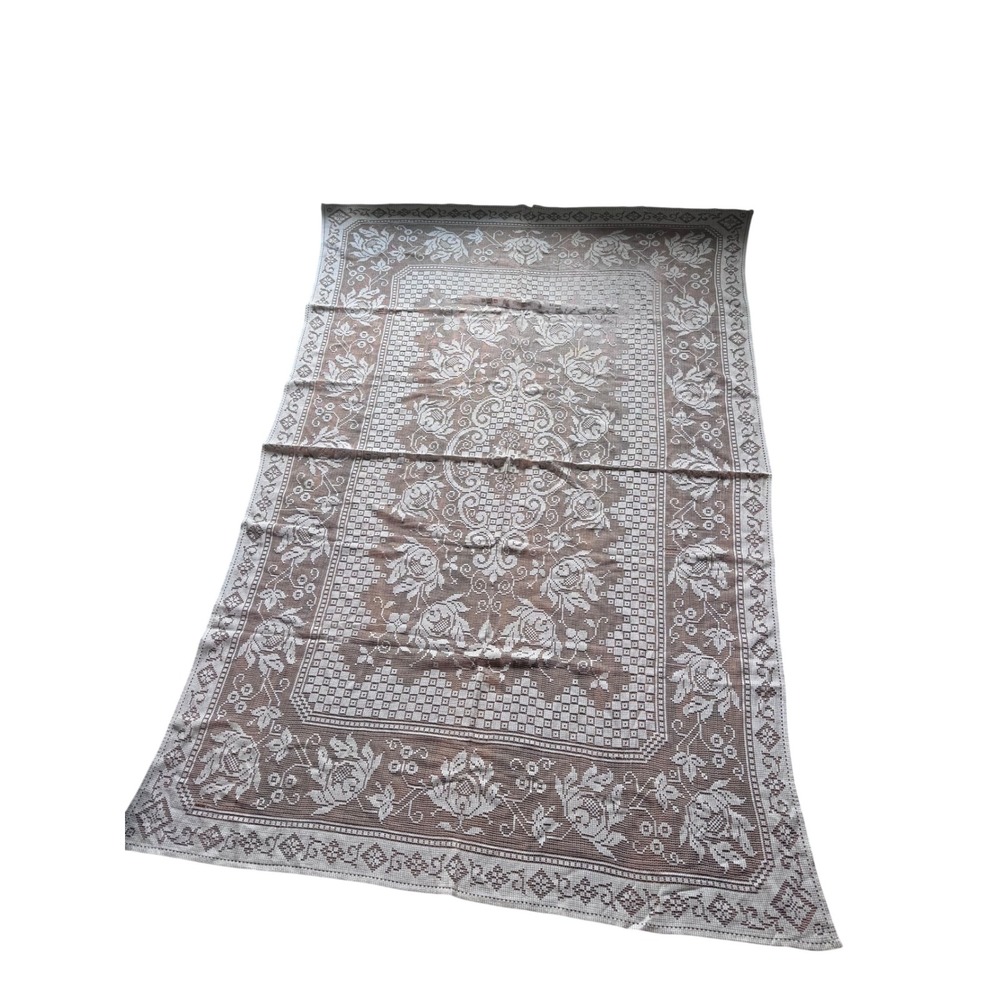 Vintage White Lace Tablecloth and Table Runner Set Floral Filet Crochet 3 Piece